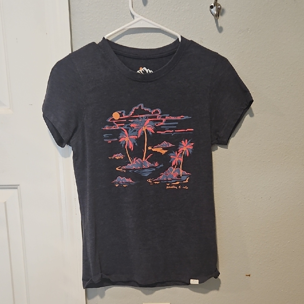 Navy Tee with Tropical Sunset Design